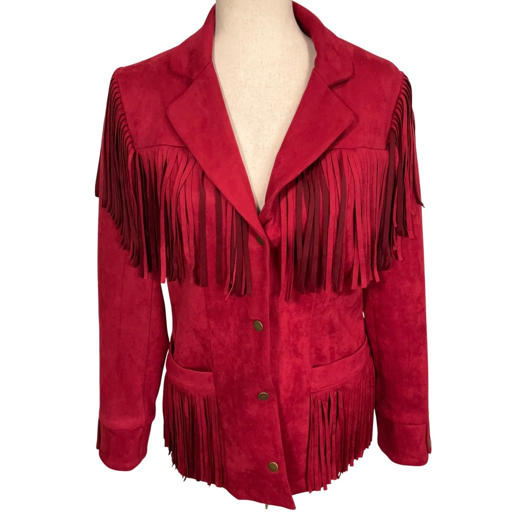 Skies Are Blue Jacket Women Small Red Fringe Faux Suede Country Chic Western